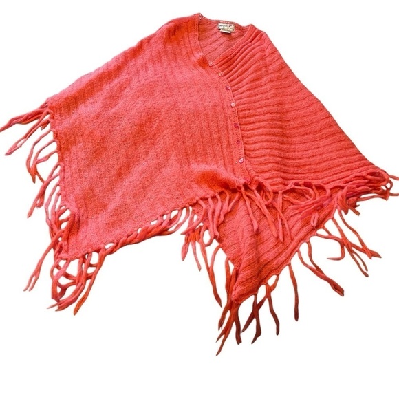 April Cornell Coral Asymmetrical Knit Poncho with Fringe-Tiny Beads throughout - Picture 1 of 7